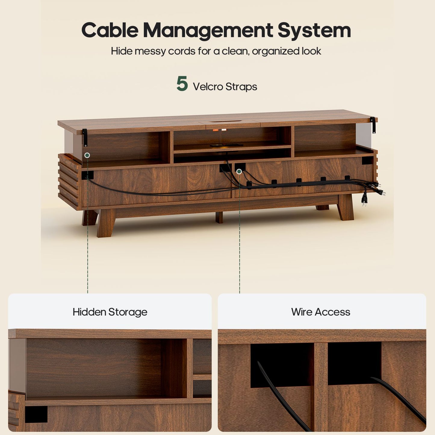HAUOMS 59 Inch TV Stand with Cable Management and Hidden Power Station Fluted Modern TV Cabinet with Storage and LED Lights