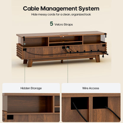 HAUOMS 59 Inch TV Stand with Cable Management and Hidden Power Station Fluted Modern TV Cabinet with Storage and LED Lights