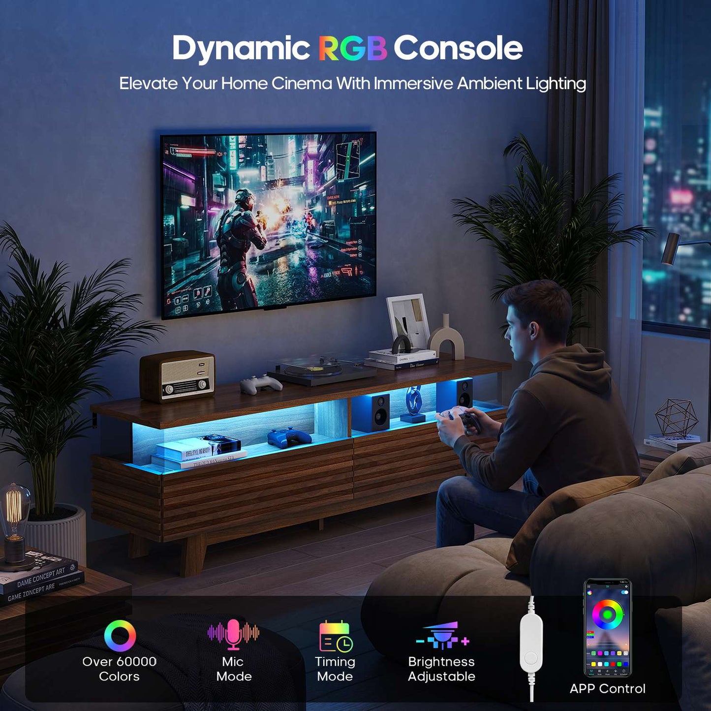 HAUOMS 59 Inch TV Stand with Cable Management and Hidden Power Station Fluted Modern TV Cabinet with Storage and LED Lights