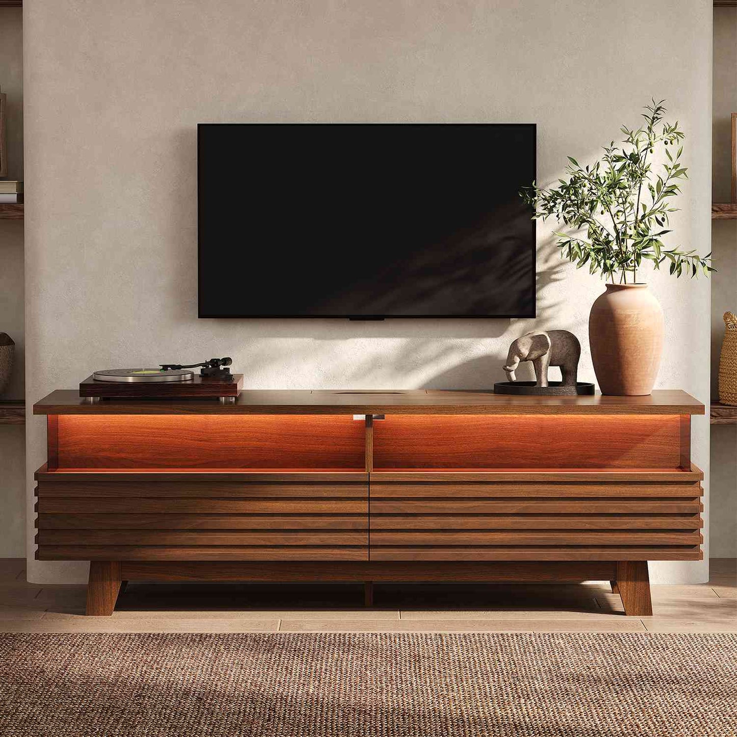 HAUOMS 59 Inch TV Stand with Cable Management and Hidden Power Station Fluted Modern TV Cabinet with Storage and LED Lights