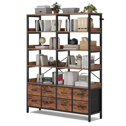 HAUOMS Bookshelf with 8 Fabric Drawers  Industrial Book Shelf 7-Tier Bookcase with Baffles Shelves for Living Room Home Office
