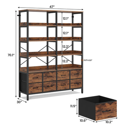 HAUOMS Bookshelf with 8 Fabric Drawers  Industrial Book Shelf 7-Tier Bookcase with Baffles Shelves for Living Room Home Office