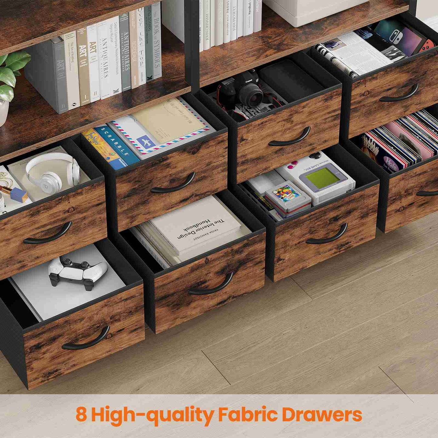 HAUOMS Bookshelf with 8 Fabric Drawers  Industrial Book Shelf 7-Tier Bookcase with Baffles Shelves for Living Room Home Office