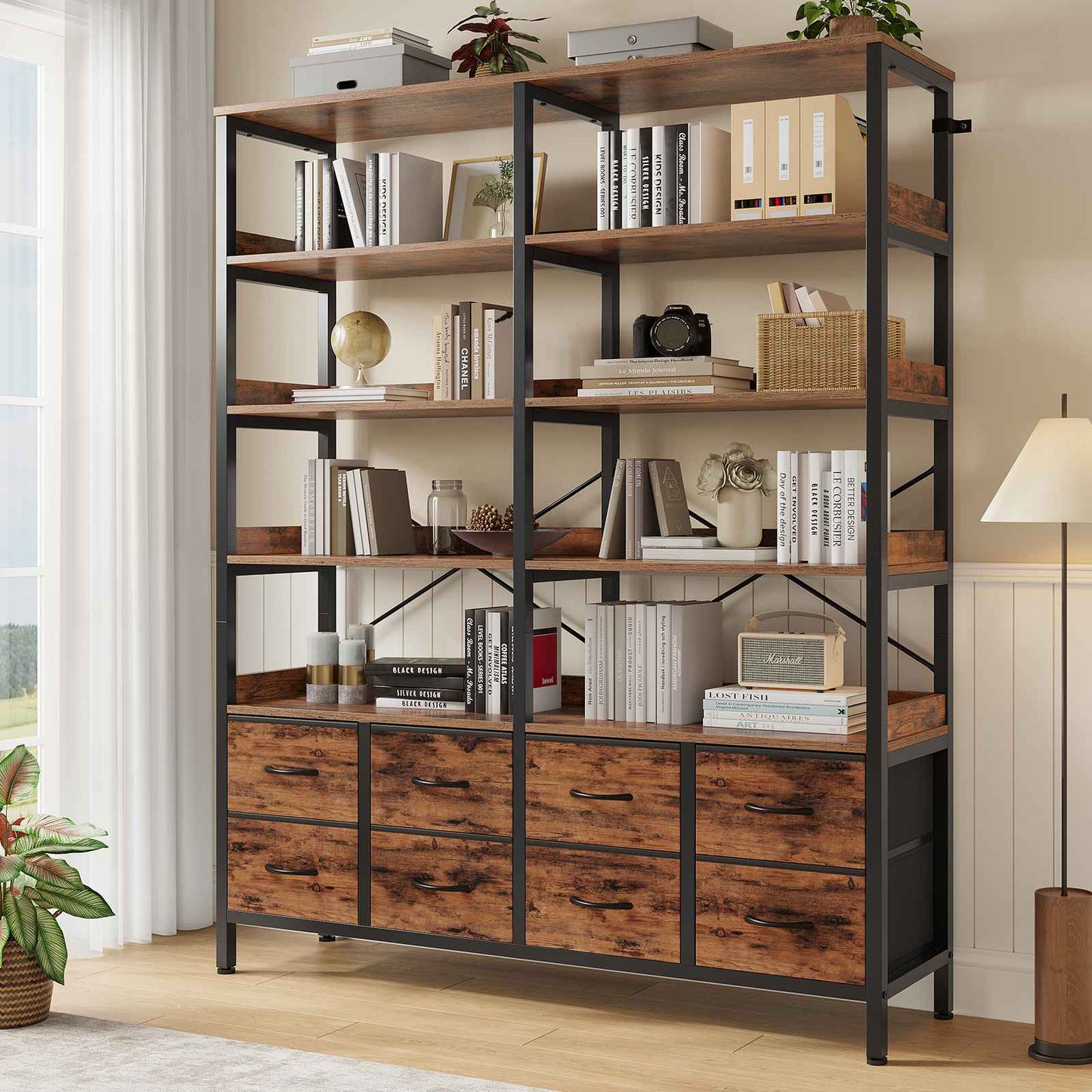 HAUOMS Bookshelf with 8 Fabric Drawers  Industrial Book Shelf 7-Tier Bookcase with Baffles Shelves for Living Room Home Office