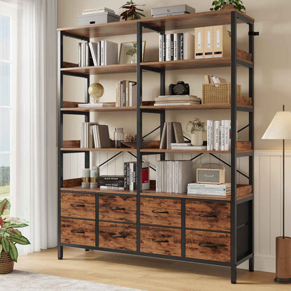 HAUOMS Bookshelf with 8 Fabric Drawers  Industrial Book Shelf 7-Tier Bookcase with Baffles Shelves for Living Room Home Office