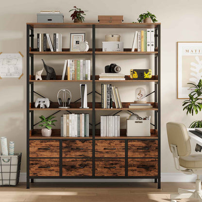 HAUOMS Bookshelf with 8 Fabric Drawers  Industrial Book Shelf 7-Tier Bookcase with Baffles Shelves for Living Room Home Office