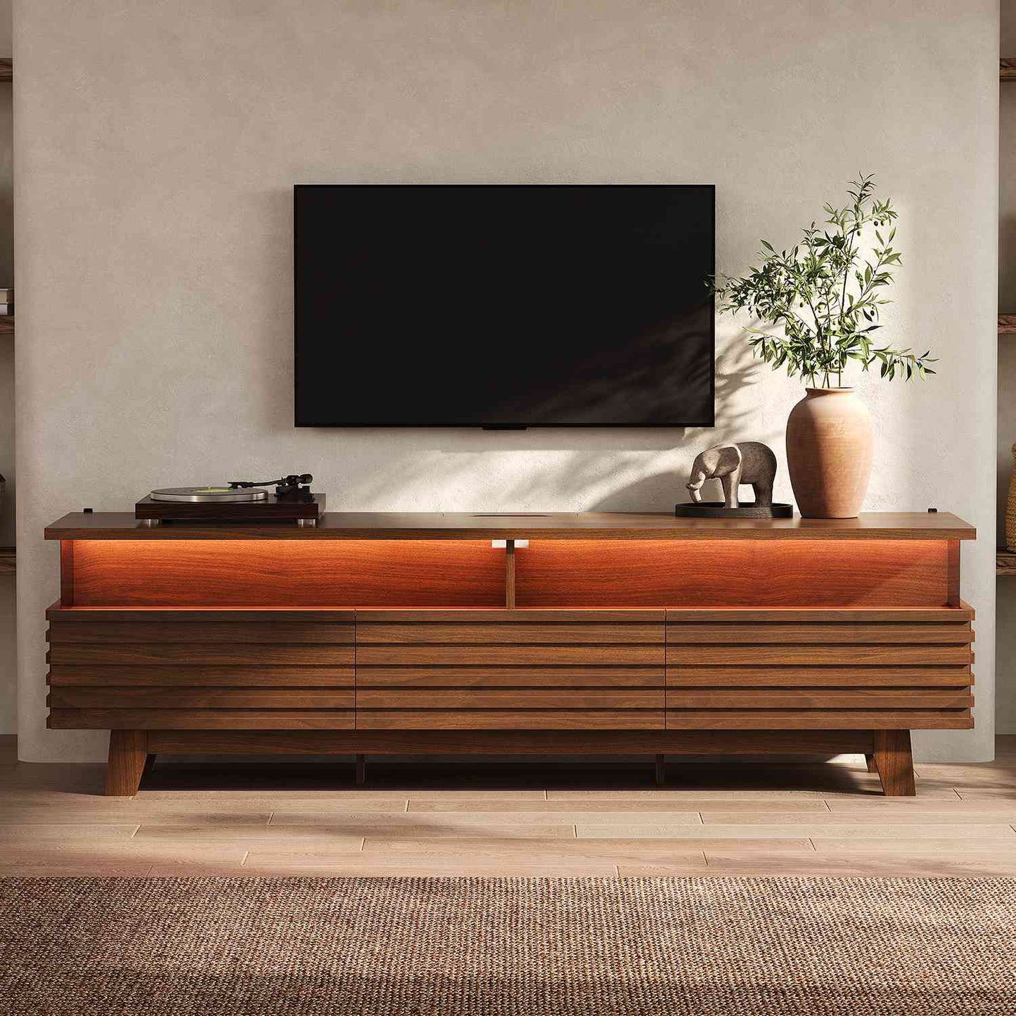 HAUOMS 70.9 Inch TV Stand with Hidden Power Station and LED Lights Fluted Modern TV Cabinet with Storage and Cable Management