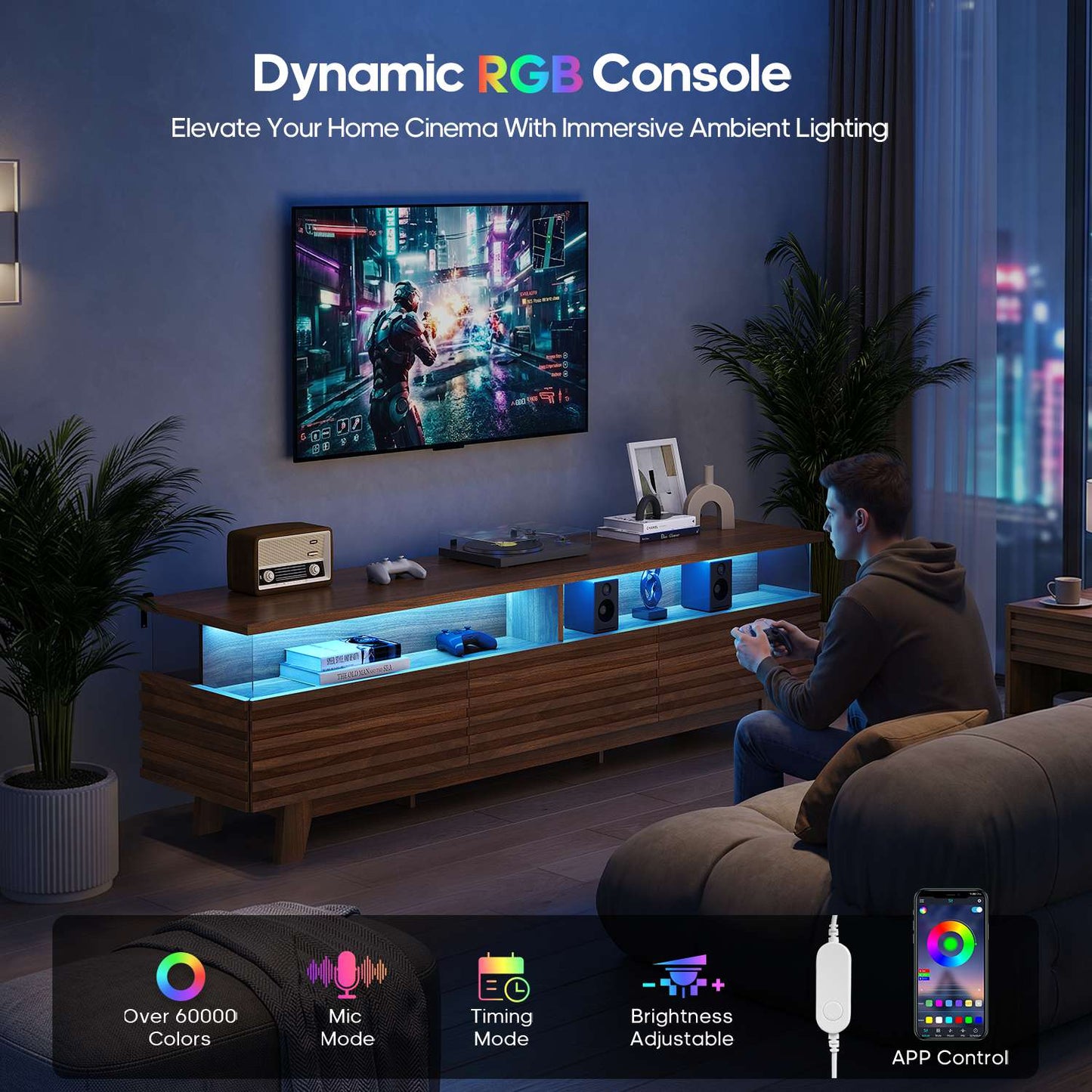 HAUOMS 70.9 Inch TV Stand with Hidden Power Station and LED Lights Fluted Modern TV Cabinet with Storage and Cable Management
