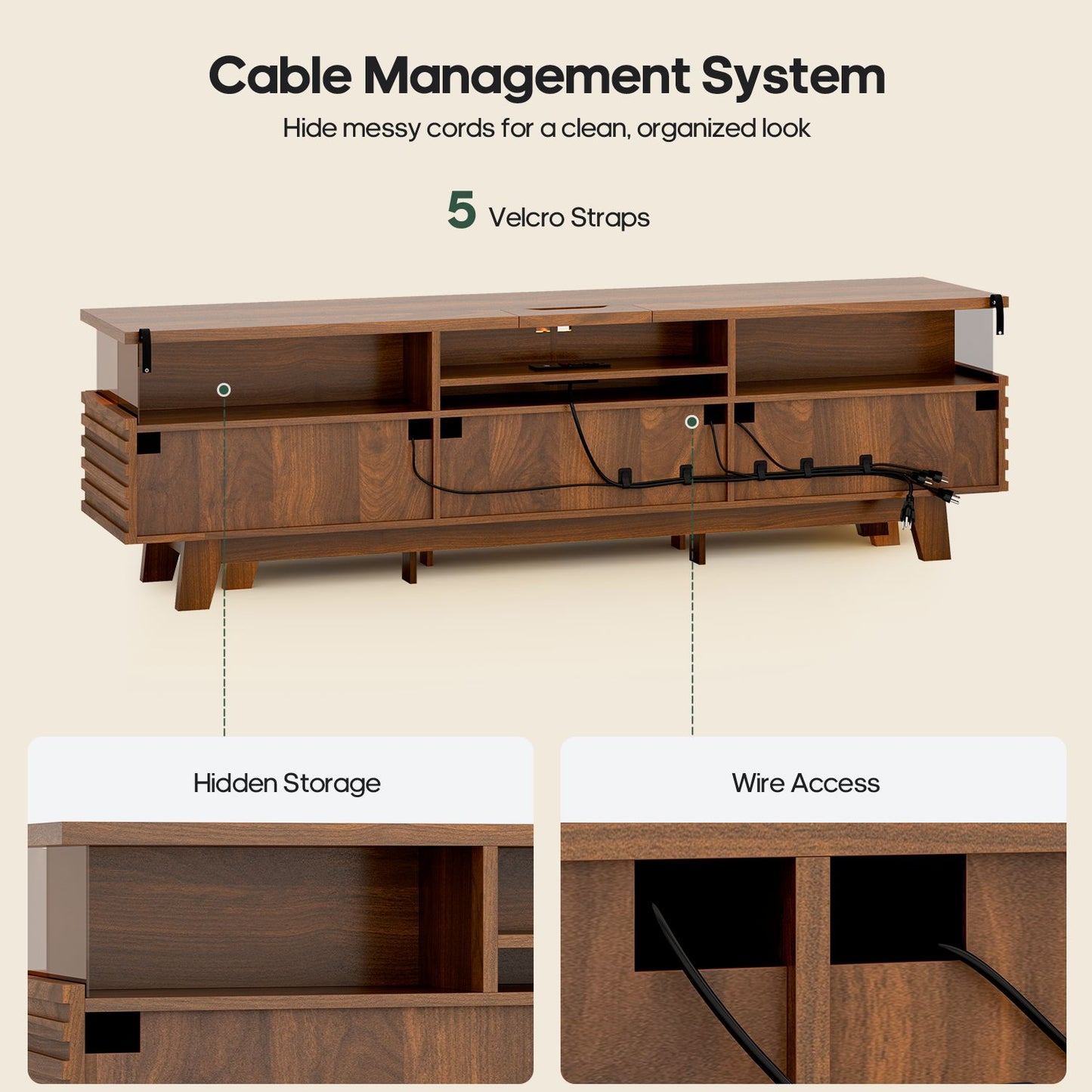 HAUOMS 70.9 Inch TV Stand with Hidden Power Station and LED Lights Fluted Modern TV Cabinet with Storage and Cable Management