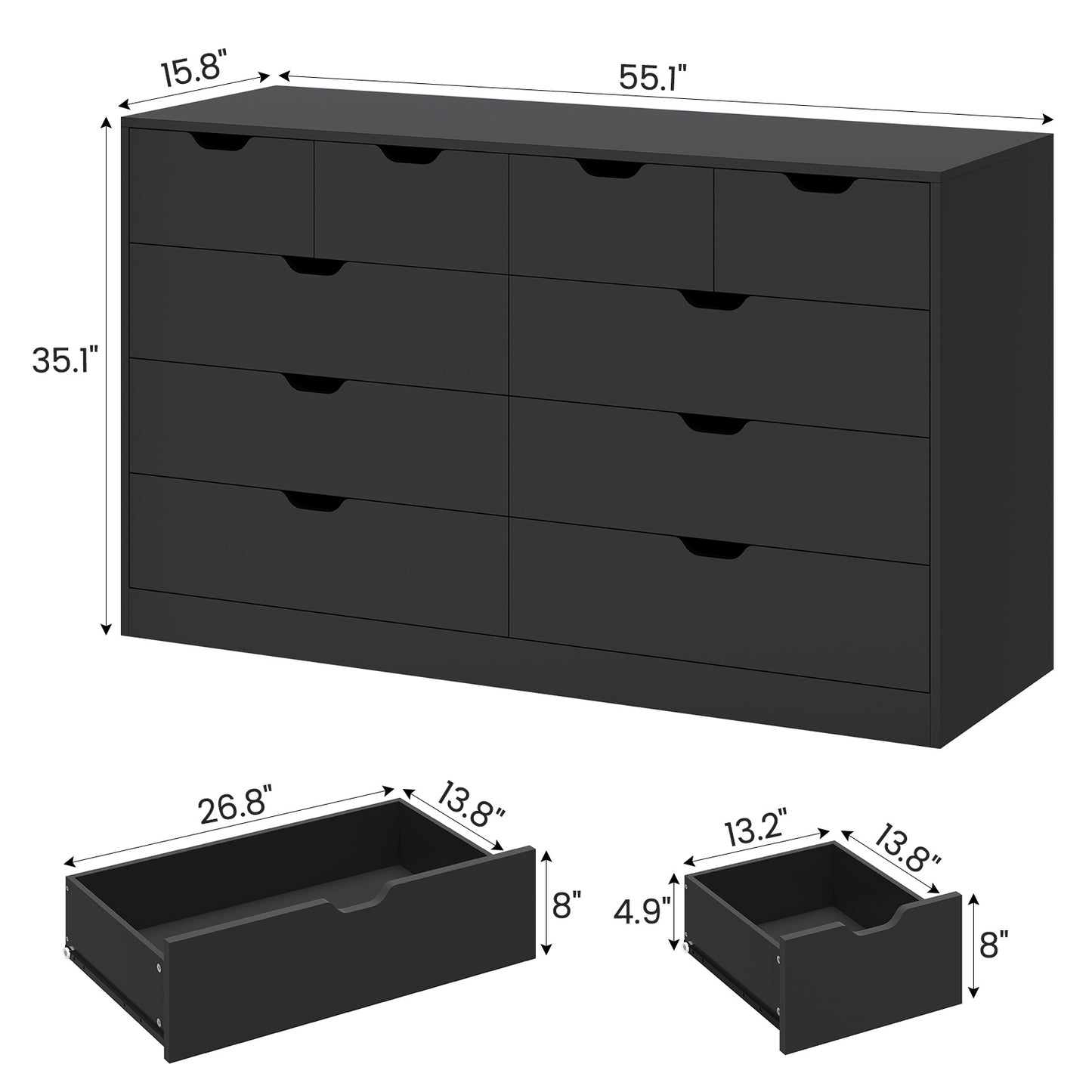 HAUOMS 35.1 Inch Tall Dresser with 10 Drawer Modern Large Chest for Bedroom Living Room Entryway