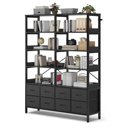 HAUOMS Bookshelf with 8 Fabric Drawers  Industrial Book Shelf 7-Tier Bookcase with Baffles Shelves for Living Room Home Office