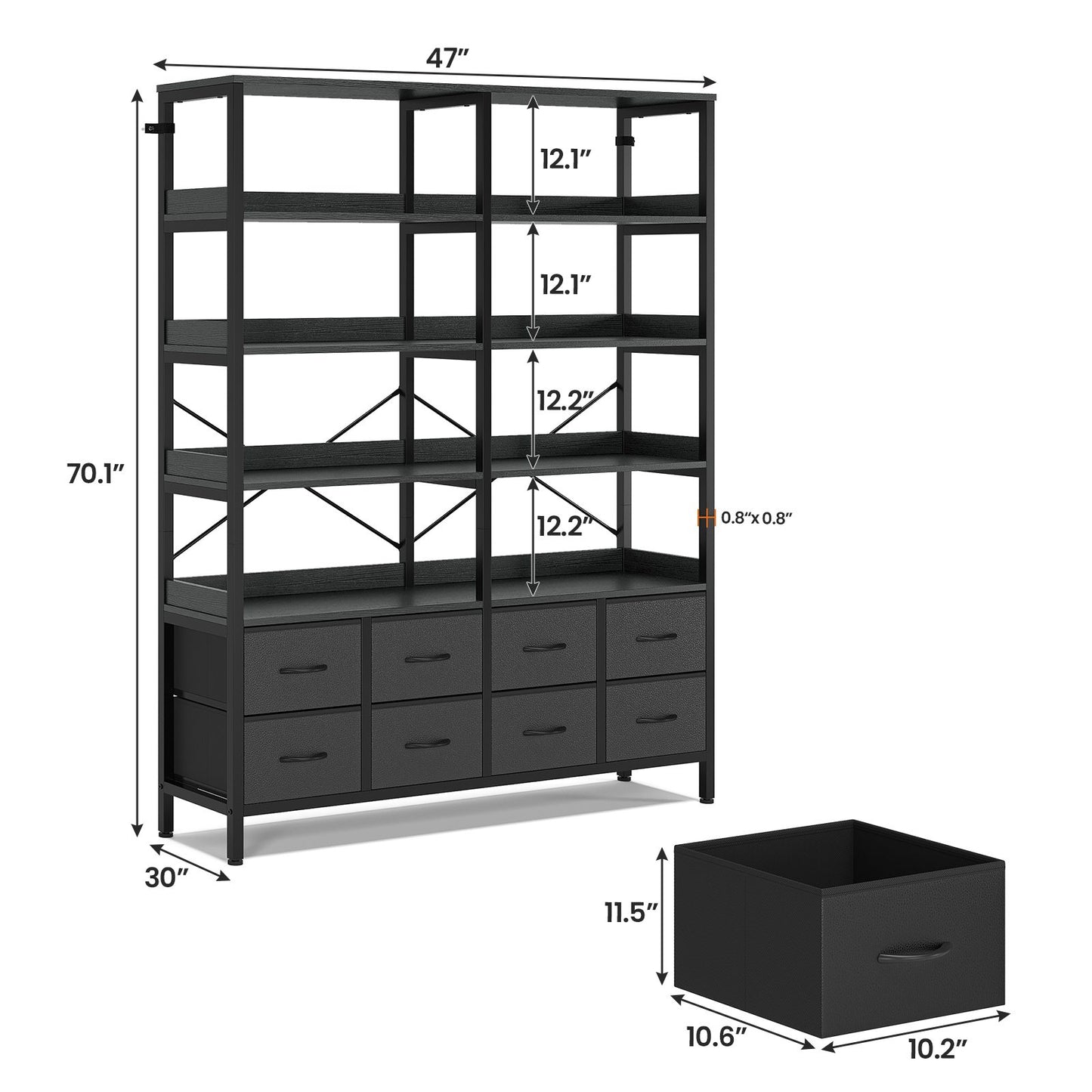 HAUOMS Bookshelf with 8 Fabric Drawers  Industrial Book Shelf 7-Tier Bookcase with Baffles Shelves for Living Room Home Office