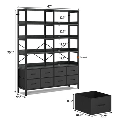 HAUOMS Bookshelf with 8 Fabric Drawers  Industrial Book Shelf 7-Tier Bookcase with Baffles Shelves for Living Room Home Office