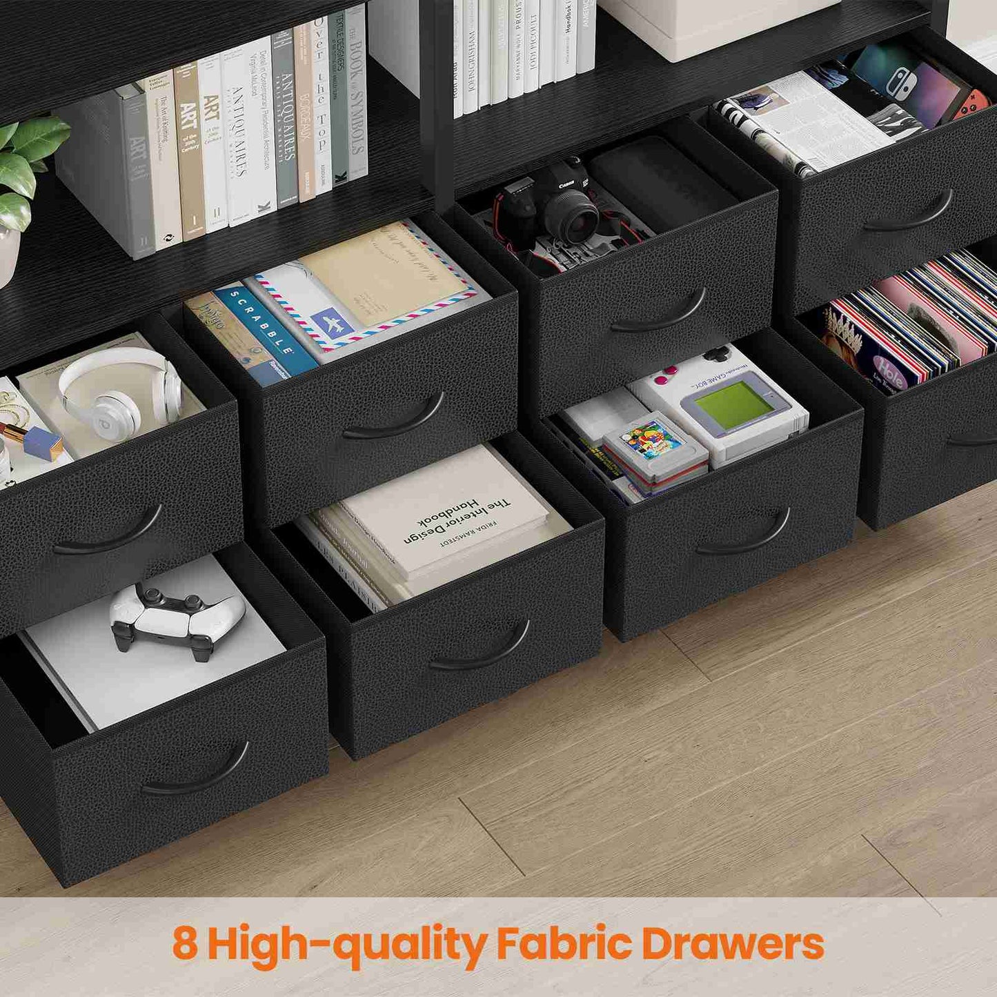 HAUOMS Bookshelf with 8 Fabric Drawers  Industrial Book Shelf 7-Tier Bookcase with Baffles Shelves for Living Room Home Office