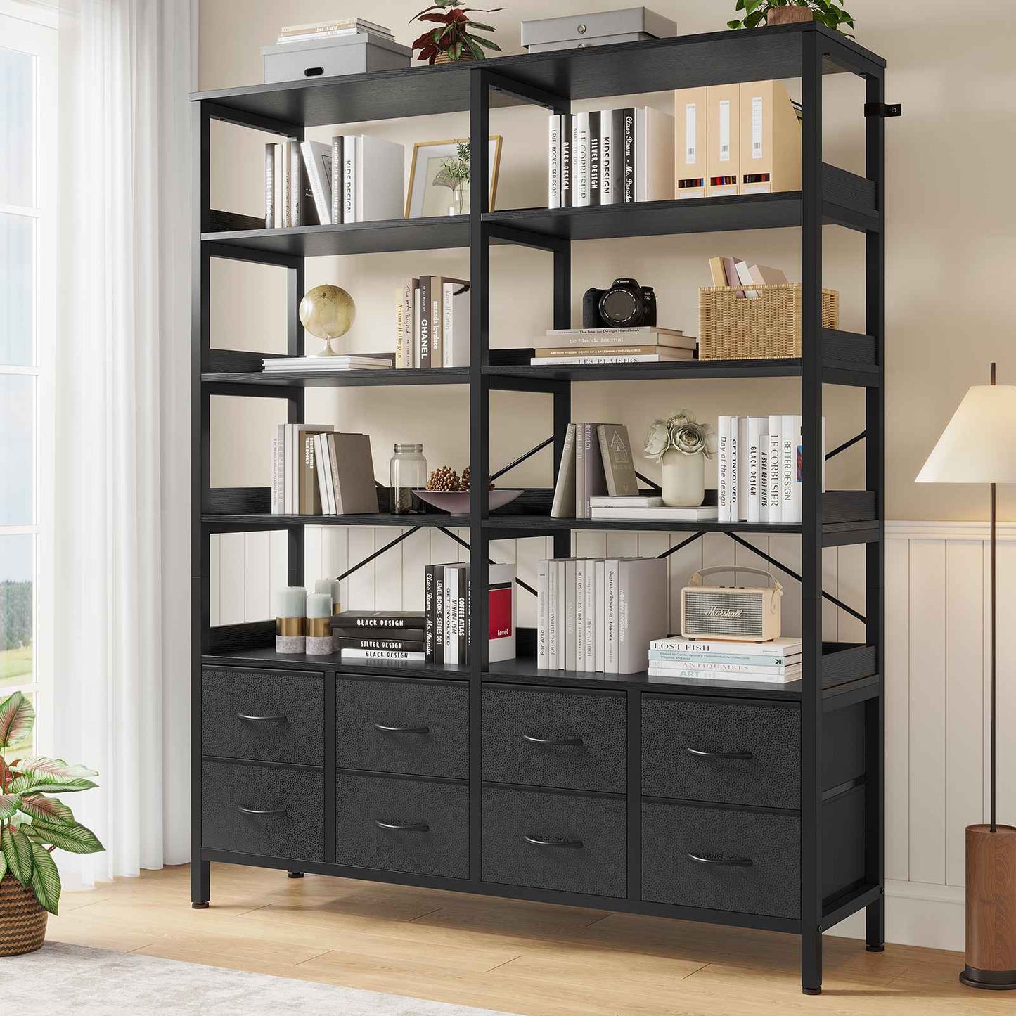 HAUOMS Bookshelf with 8 Fabric Drawers  Industrial Book Shelf 7-Tier Bookcase with Baffles Shelves for Living Room Home Office