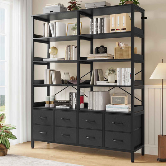 HAUOMS Bookshelf with 8 Fabric Drawers  Industrial Book Shelf 7-Tier Bookcase with Baffles Shelves for Living Room Home Office