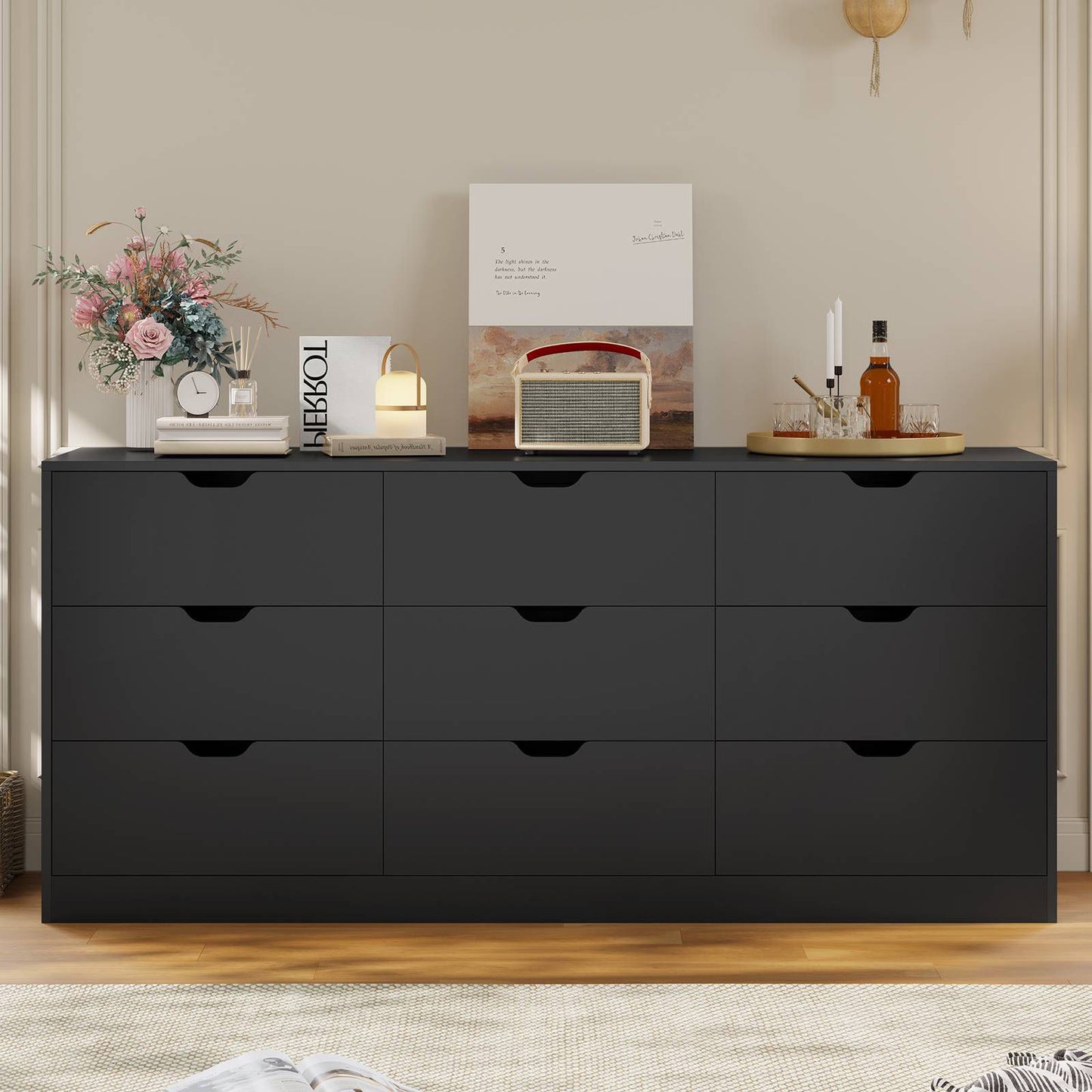 HAUOMS 63 Inch Wide Dresser with 9 Drawer  Long Modern Dressers for Bedroom Living Room Hallway