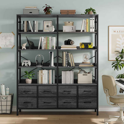 HAUOMS Bookshelf with 8 Fabric Drawers  Industrial Book Shelf 7-Tier Bookcase with Baffles Shelves for Living Room Home Office