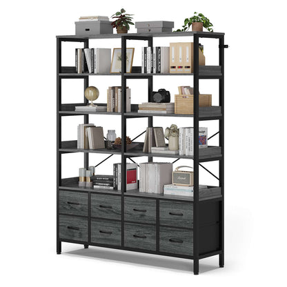 HAUOMS Bookshelf with 8 Fabric Drawers  Industrial Book Shelf 7-Tier Bookcase with Baffles Shelves for Living Room Home Office