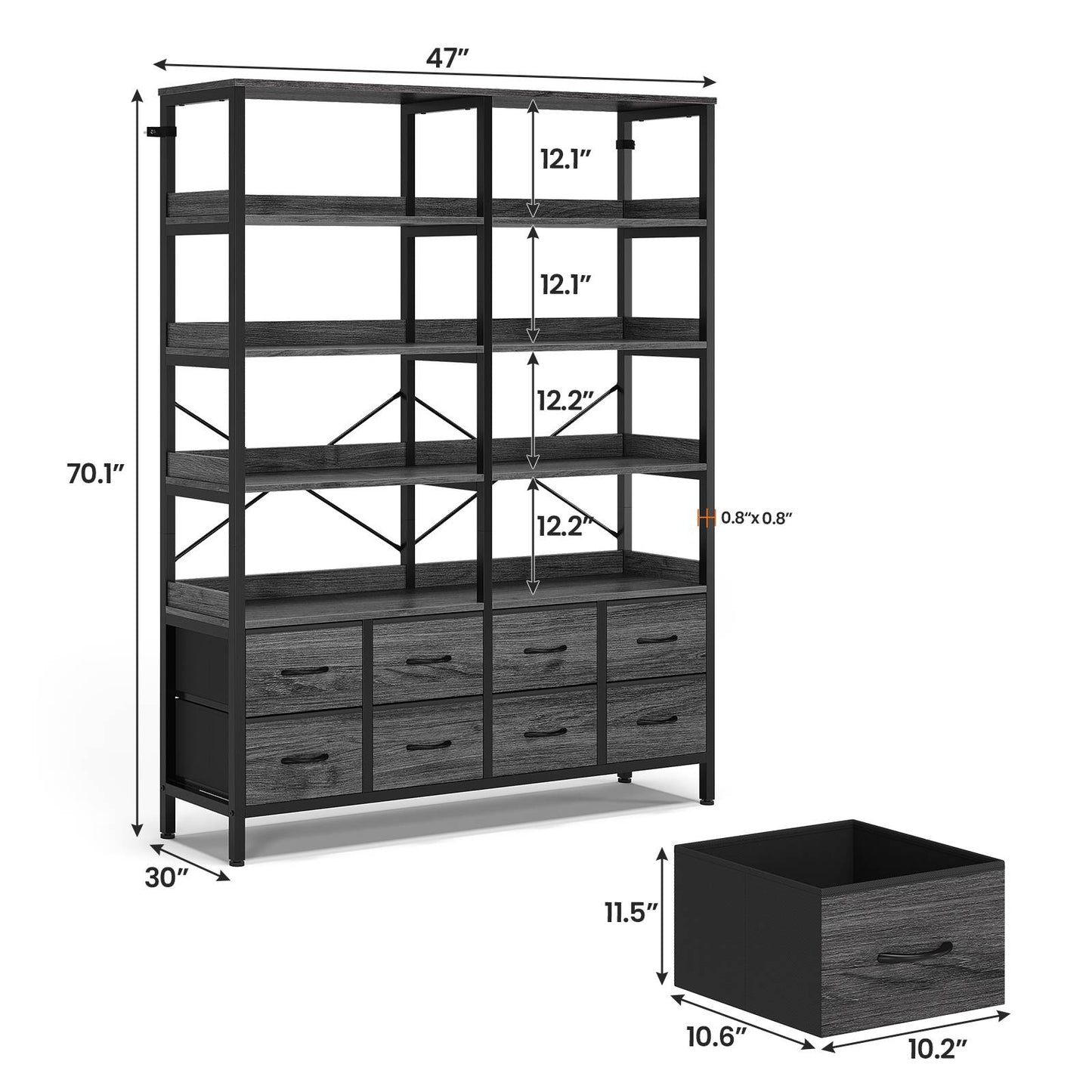 HAUOMS Bookshelf with 8 Fabric Drawers  Industrial Book Shelf 7-Tier Bookcase with Baffles Shelves for Living Room Home Office