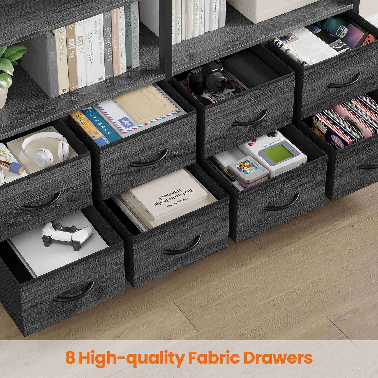HAUOMS Bookshelf with 8 Fabric Drawers  Industrial Book Shelf 7-Tier Bookcase with Baffles Shelves for Living Room Home Office