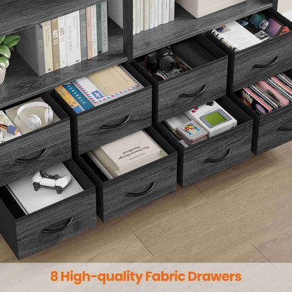 HAUOMS Bookshelf with 8 Fabric Drawers  Industrial Book Shelf 7-Tier Bookcase with Baffles Shelves for Living Room Home Office