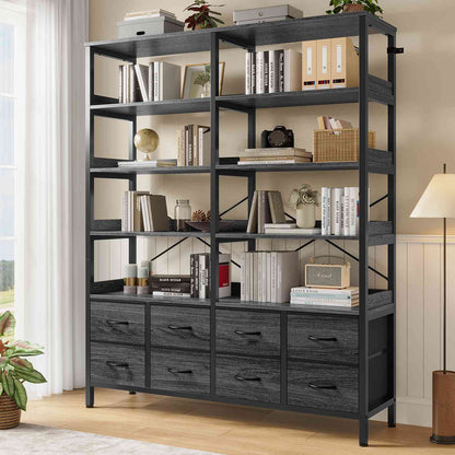HAUOMS Bookshelf with 8 Fabric Drawers  Industrial Book Shelf 7-Tier Bookcase with Baffles Shelves for Living Room Home Office