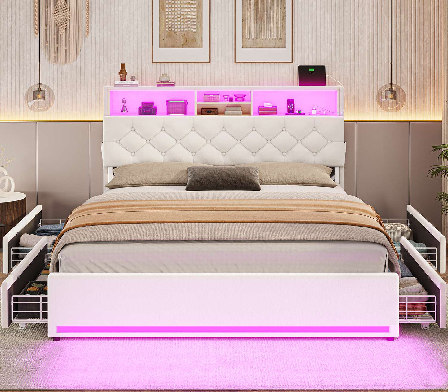 HAUOMS Full Size Bed Frame with 4 Drawers and Hidden Storage Headboard Upholstered Platform Bed with LED Lights and Charging Station