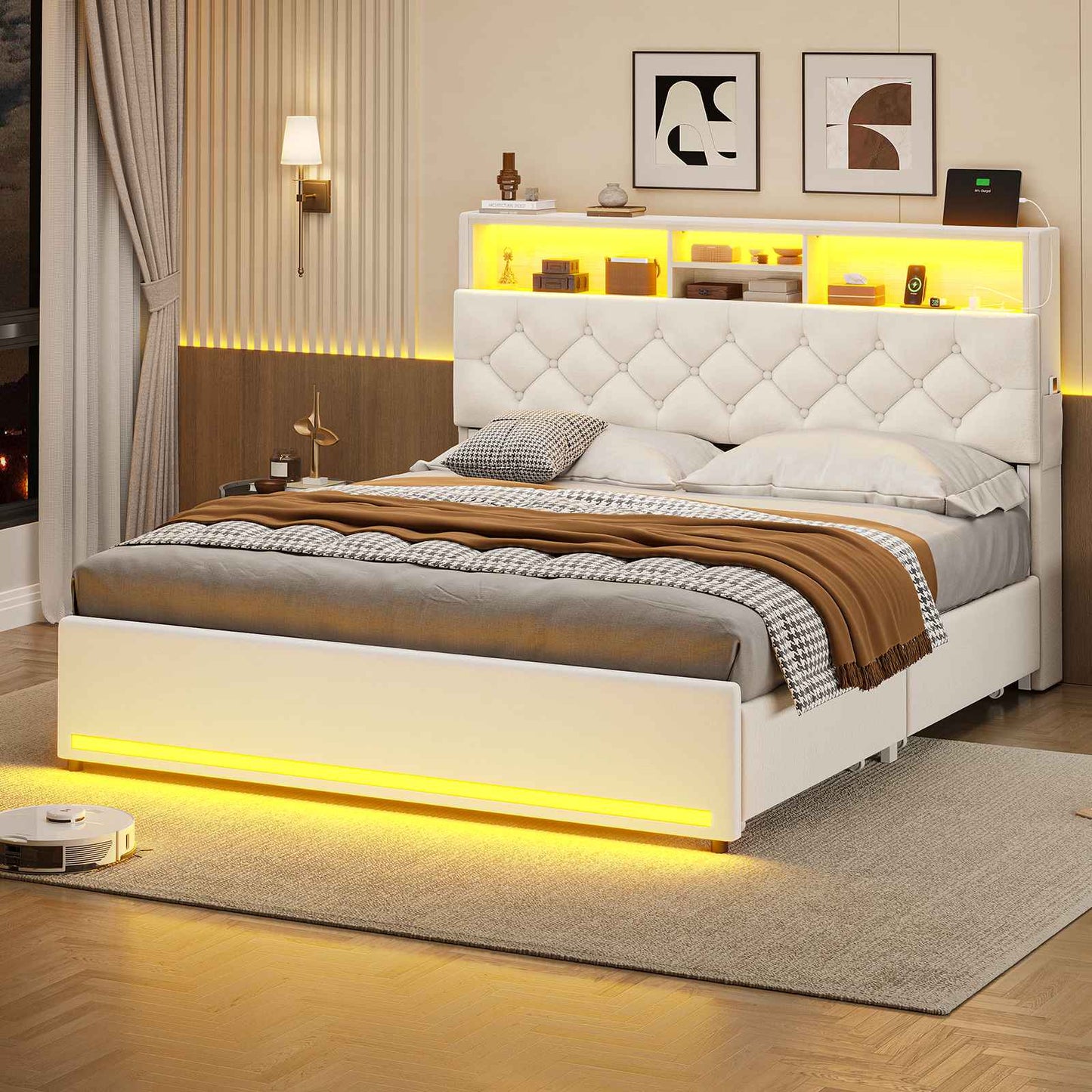 HAUOMS Full Size Bed Frame with 4 Drawers and Hidden Storage Headboard Upholstered Platform Bed with LED Lights and Charging Station