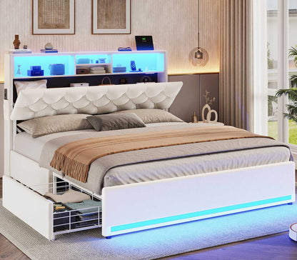 HAUOMS Full Size Bed Frame with 4 Drawers and Hidden Storage Headboard Upholstered Platform Bed with LED Lights and Charging Station