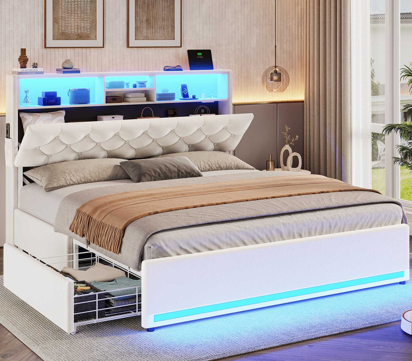 HAUOMS Queen Size Bed Frame with 4 Drawers and Hidden Storage Headboard Upholstered Platform Bed Frme with LED Lights and Charging Station