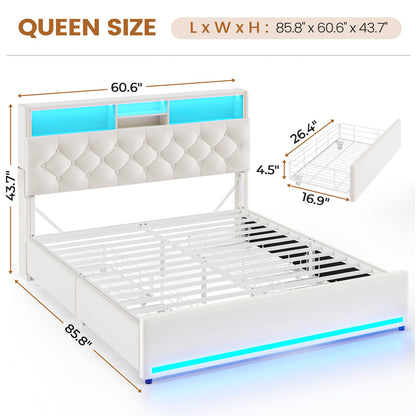 HAUOMS Queen Size Bed Frame with 4 Drawers and Hidden Storage Headboard Upholstered Platform Bed Frme with LED Lights and Charging Station