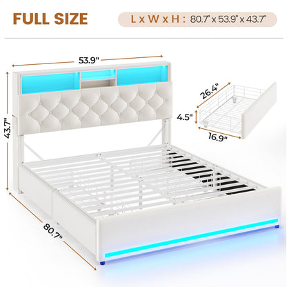 HAUOMS Full Size Bed Frame with 4 Drawers and Hidden Storage Headboard Upholstered Platform Bed with LED Lights and Charging Station