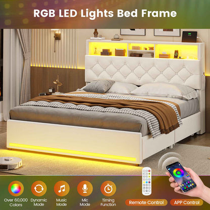 HAUOMS Queen Size Bed Frame with 4 Drawers and Hidden Storage Headboard Upholstered Platform Bed Frme with LED Lights and Charging Station