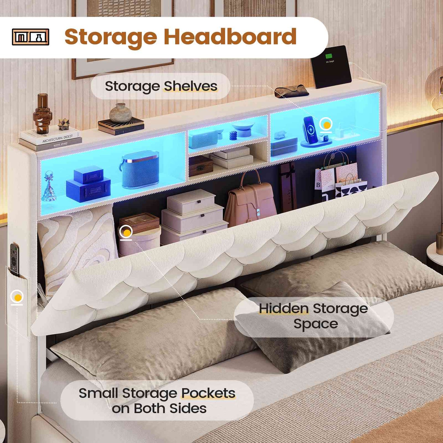 HAUOMS Queen Size Bed Frame with 4 Drawers and Hidden Storage Headboard Upholstered Platform Bed Frme with LED Lights and Charging Station