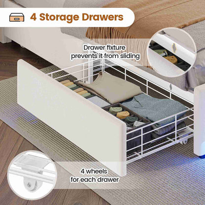 HAUOMS Queen Size Bed Frame with 4 Drawers and Hidden Storage Headboard Upholstered Platform Bed Frme with LED Lights and Charging Station