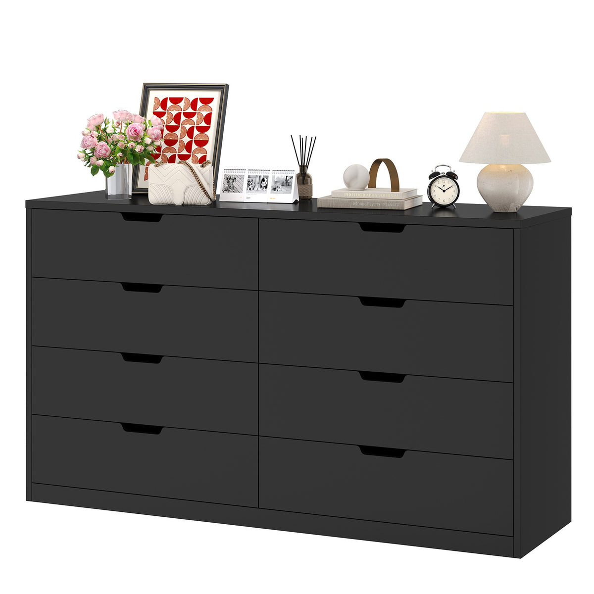 HAUOMS 55 Inch Wide Dresser with 8 Drawer Black Modern Chest for Bedroom Living Room Entryway