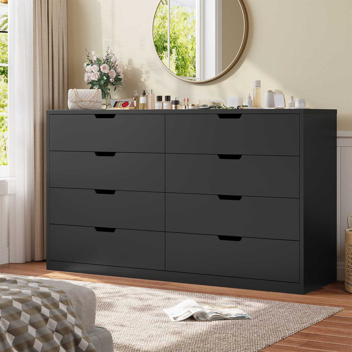 HAUOMS 55 Inch Wide Dresser with 8 Drawer Black Modern Chest for Bedroom Living Room Entryway