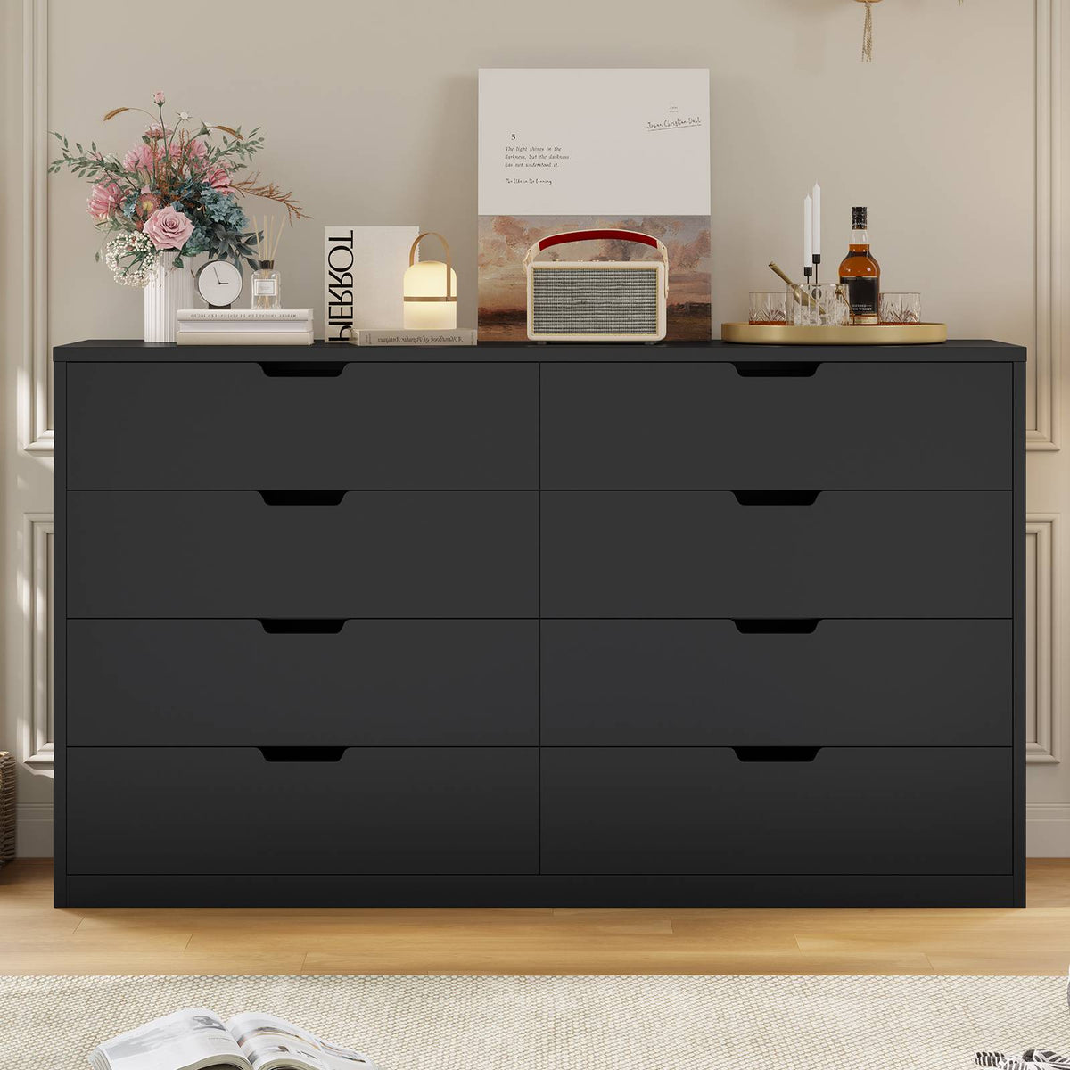 HAUOMS 55 Inch Wide Dresser with 8 Drawer Black Modern Chest for Bedroom Living Room Entryway