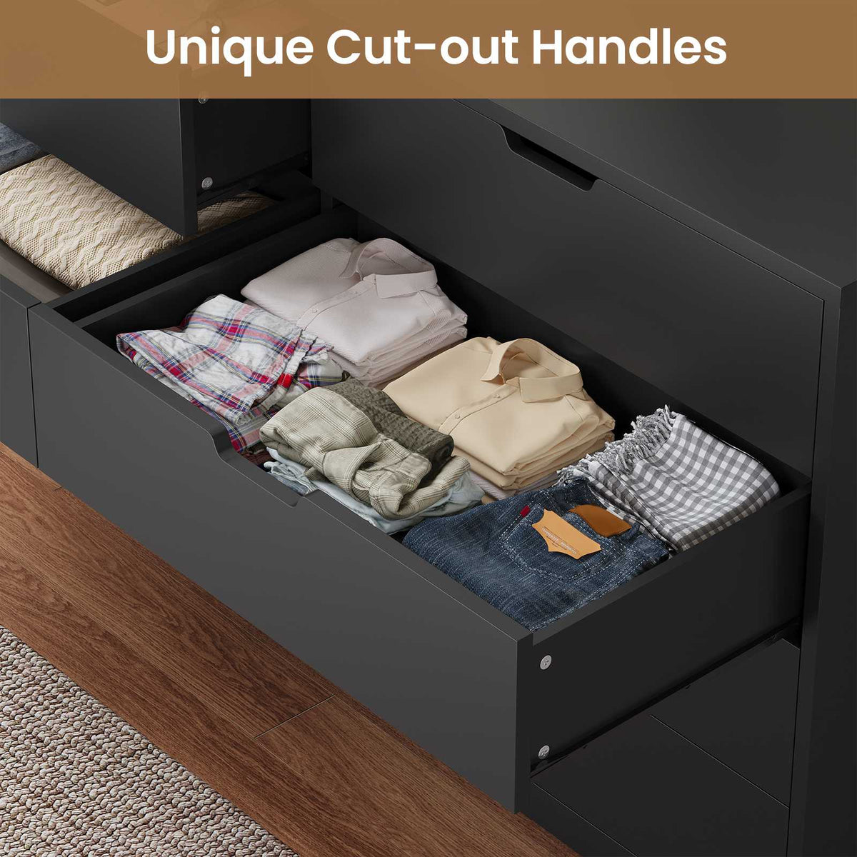 HAUOMS 55 Inch Wide Dresser with 8 Drawer Black Modern Chest for Bedroom Living Room Entryway