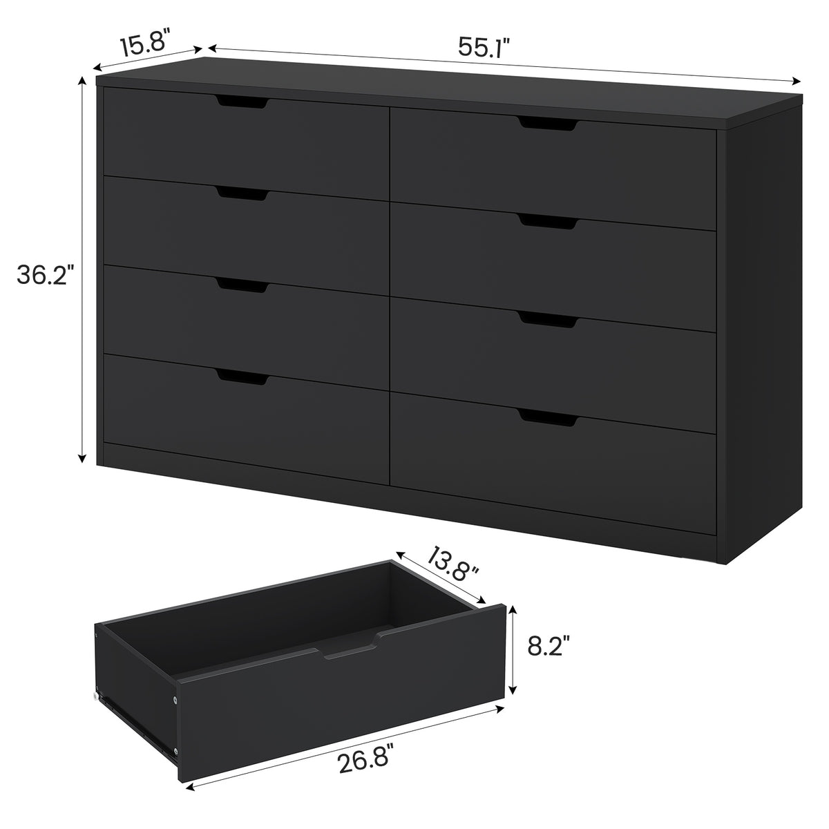 HAUOMS 55 Inch Wide Dresser with 8 Drawer Black Modern Chest for Bedroom Living Room Entryway