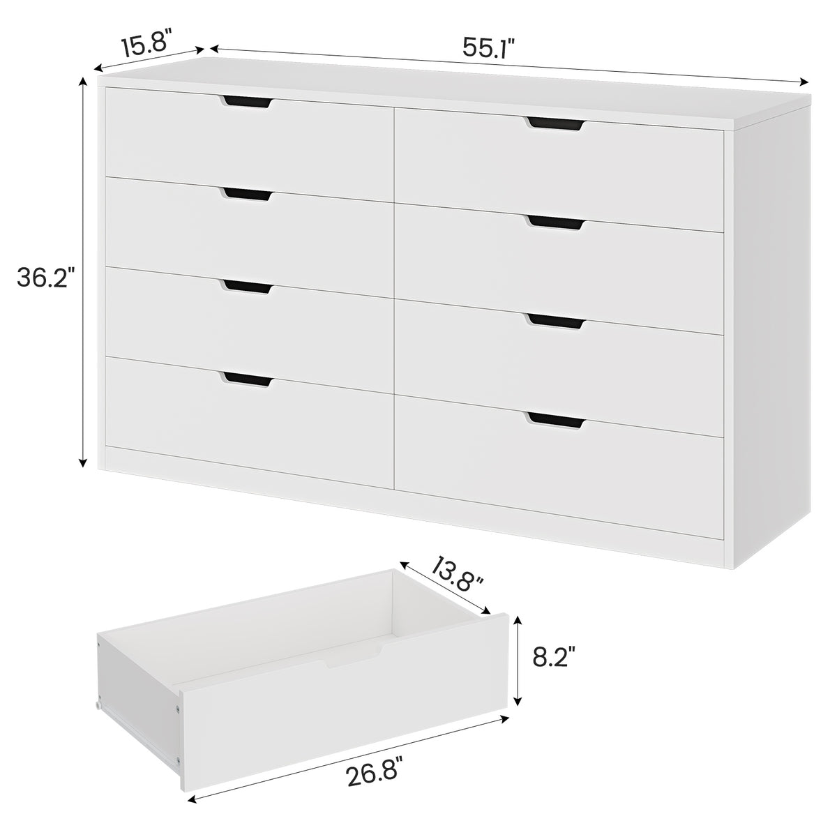 HAUOMS 55 Inch Wide Dresser with 8 Drawer Black Modern Chest for Bedroom Living Room Entryway
