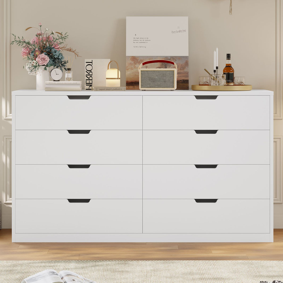 HAUOMS 55 Inch Wide Dresser with 8 Drawer Black Modern Chest for Bedroom Living Room Entryway