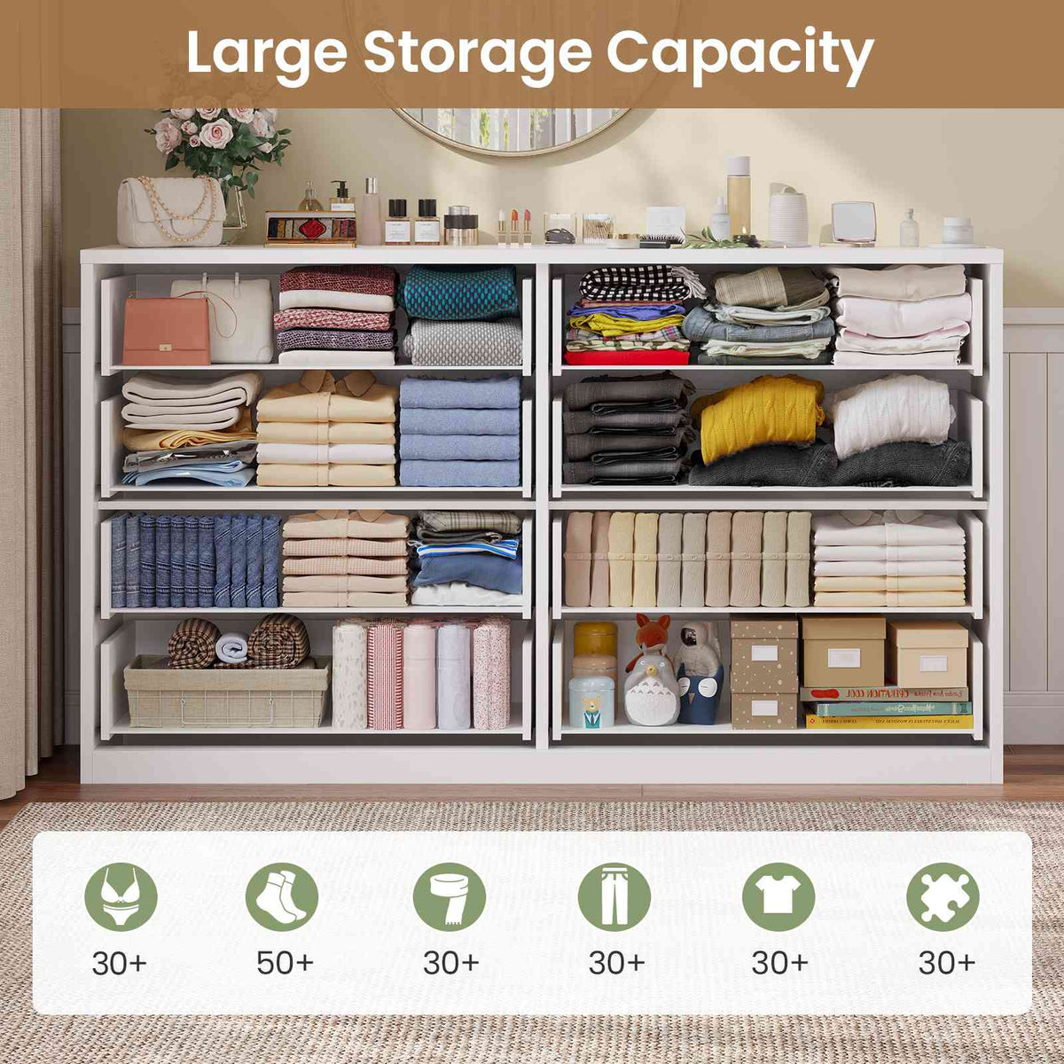 HAUOMS 55 Inch Wide Dresser with 8 Drawer Black Modern Chest for Bedroom Living Room Entryway
