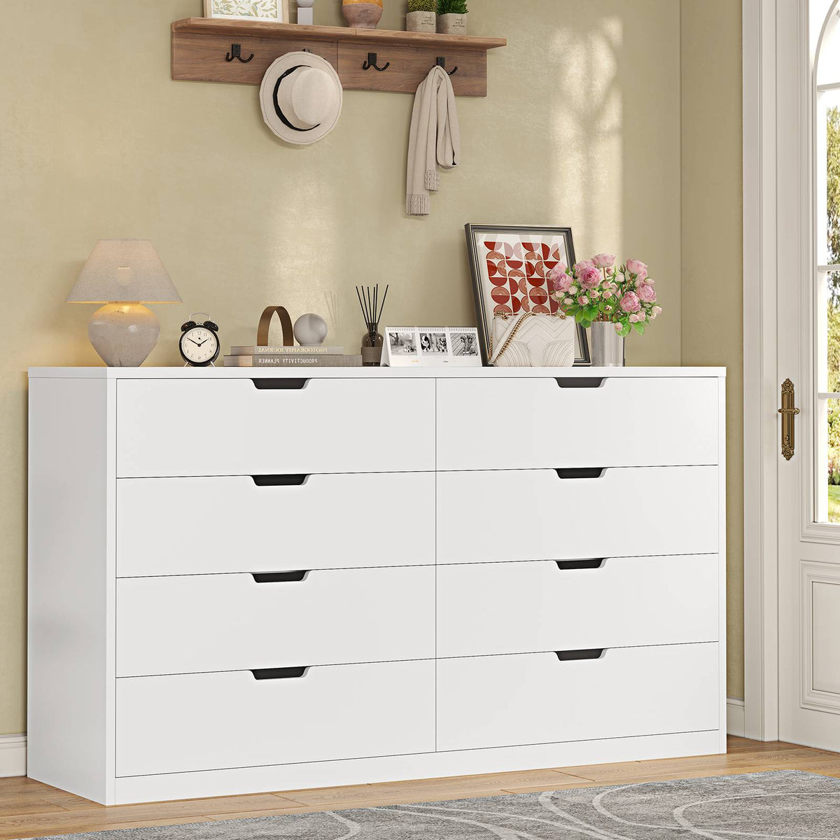 HAUOMS 55 Inch Wide Dresser with 8 Drawer Black Modern Chest for Bedroom Living Room Entryway