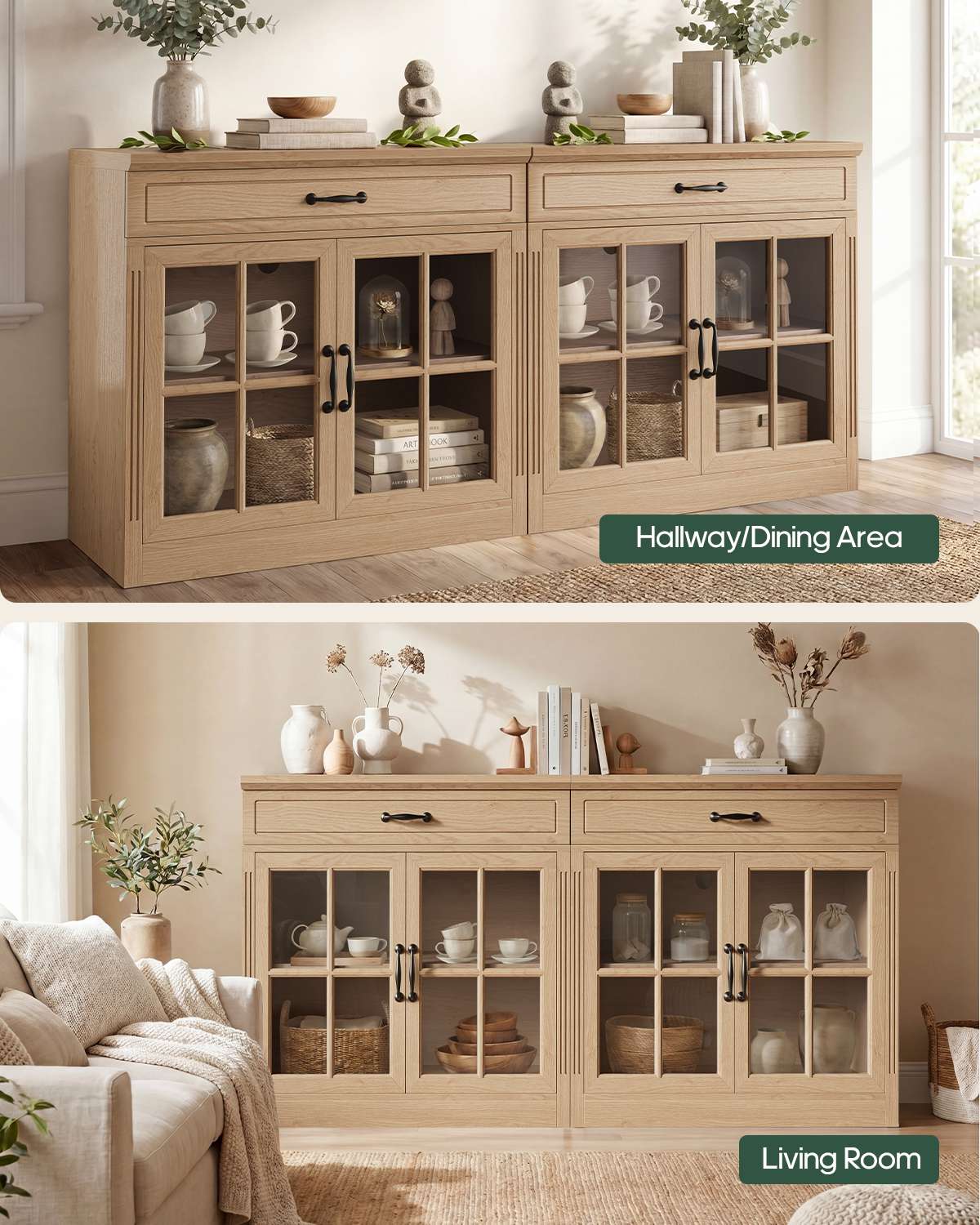 HAUOMS 31.5 Inch Coffee Bar Cabinet with Glass Doors and Drawer Modern Farmhouse Buffet with 3-Level Adjustable Shelf  Storage Console for Kitchen Living Room