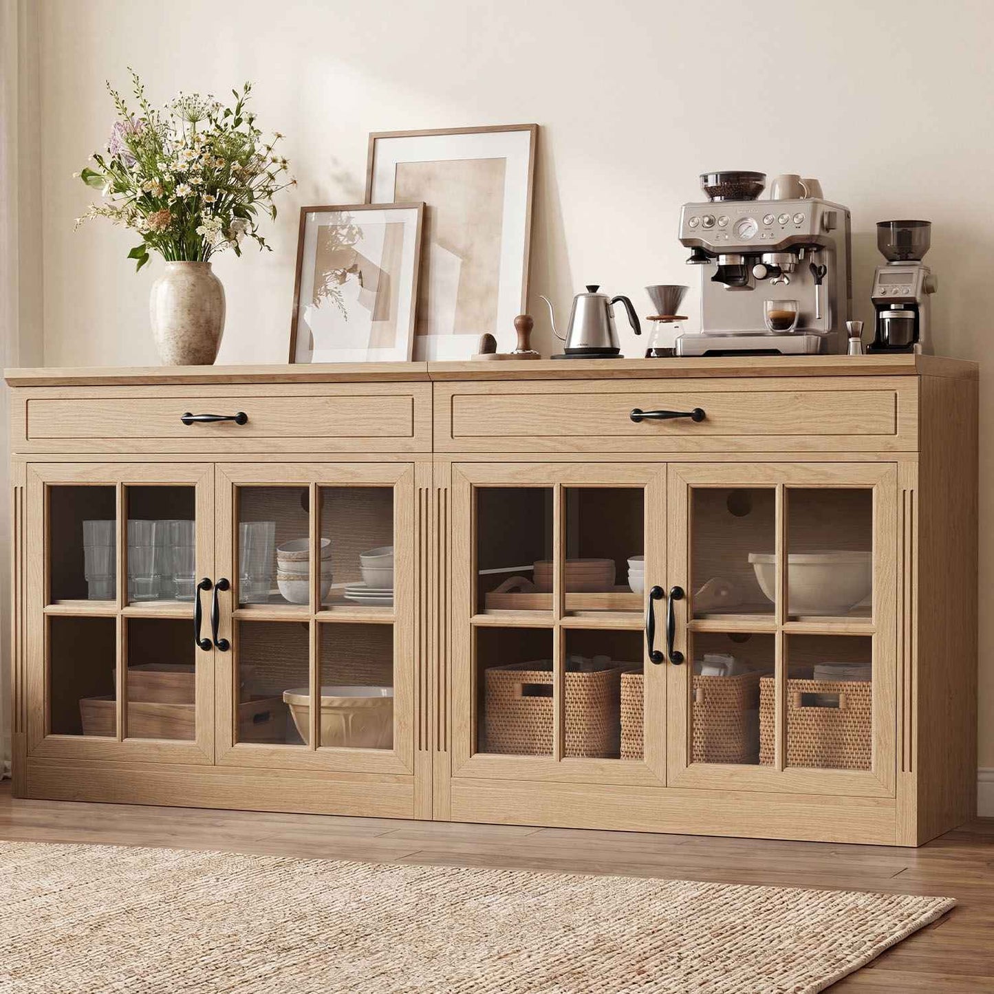 HAUOMS 31.5 Inch Coffee Bar Cabinet with Glass Doors and Drawer Modern Farmhouse Buffet with 3-Level Adjustable Shelf  Storage Console for Kitchen Living Room