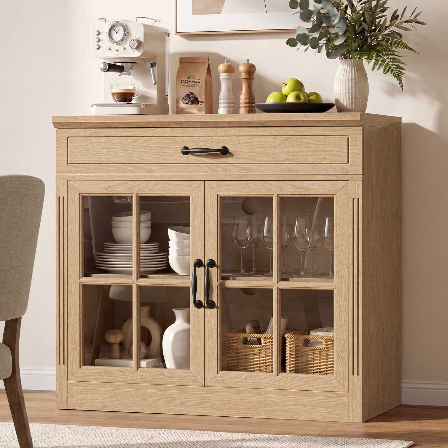 HAUOMS 31.5 Inch Coffee Bar Cabinet with Glass Doors and Drawer Modern Farmhouse Buffet with 3-Level Adjustable Shelf  Storage Console for Kitchen Living Room