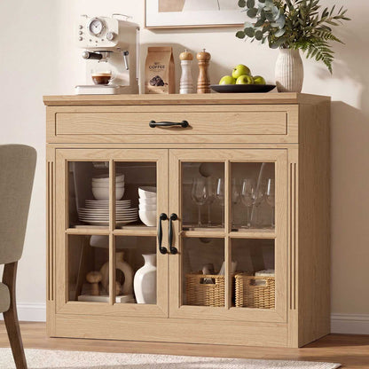 HAUOMS 31.5 Inch Coffee Bar Cabinet with Glass Doors and Drawer Modern Farmhouse Buffet with 3-Level Adjustable Shelf  Storage Console for Kitchen Living Room