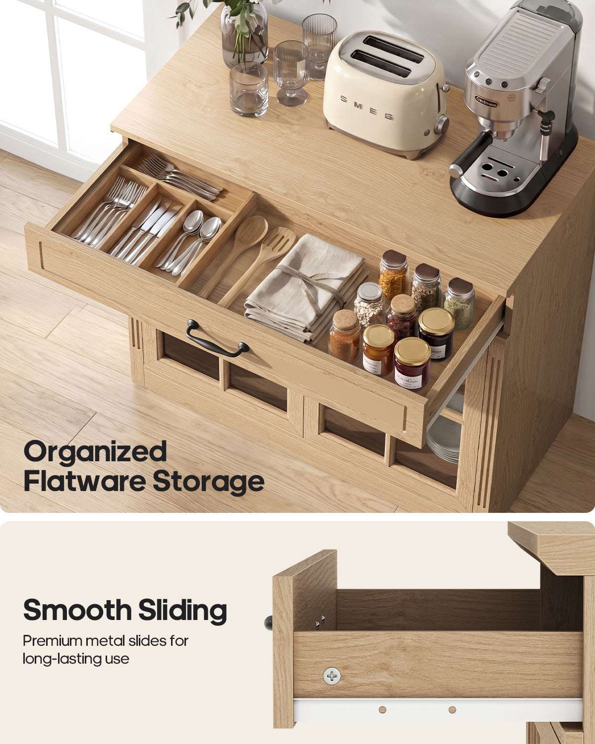 HAUOMS 31.5 Inch Coffee Bar Cabinet with Glass Doors and Drawer Modern Farmhouse Buffet with 3-Level Adjustable Shelf  Storage Console for Kitchen Living Room